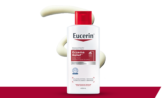 Eczema Relief Flare-Up Treatment Pack shot with a dash of creamy texture in the background