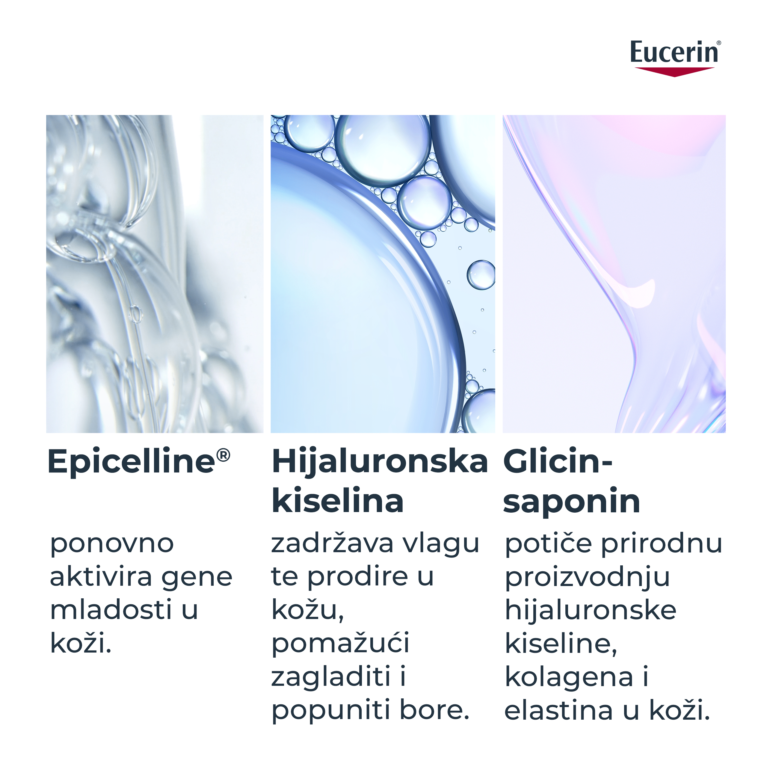 Infografika s prikazom Epicellina, hijaluronske kiseline i glicin-saponina te njihovih ključnih koristi.
