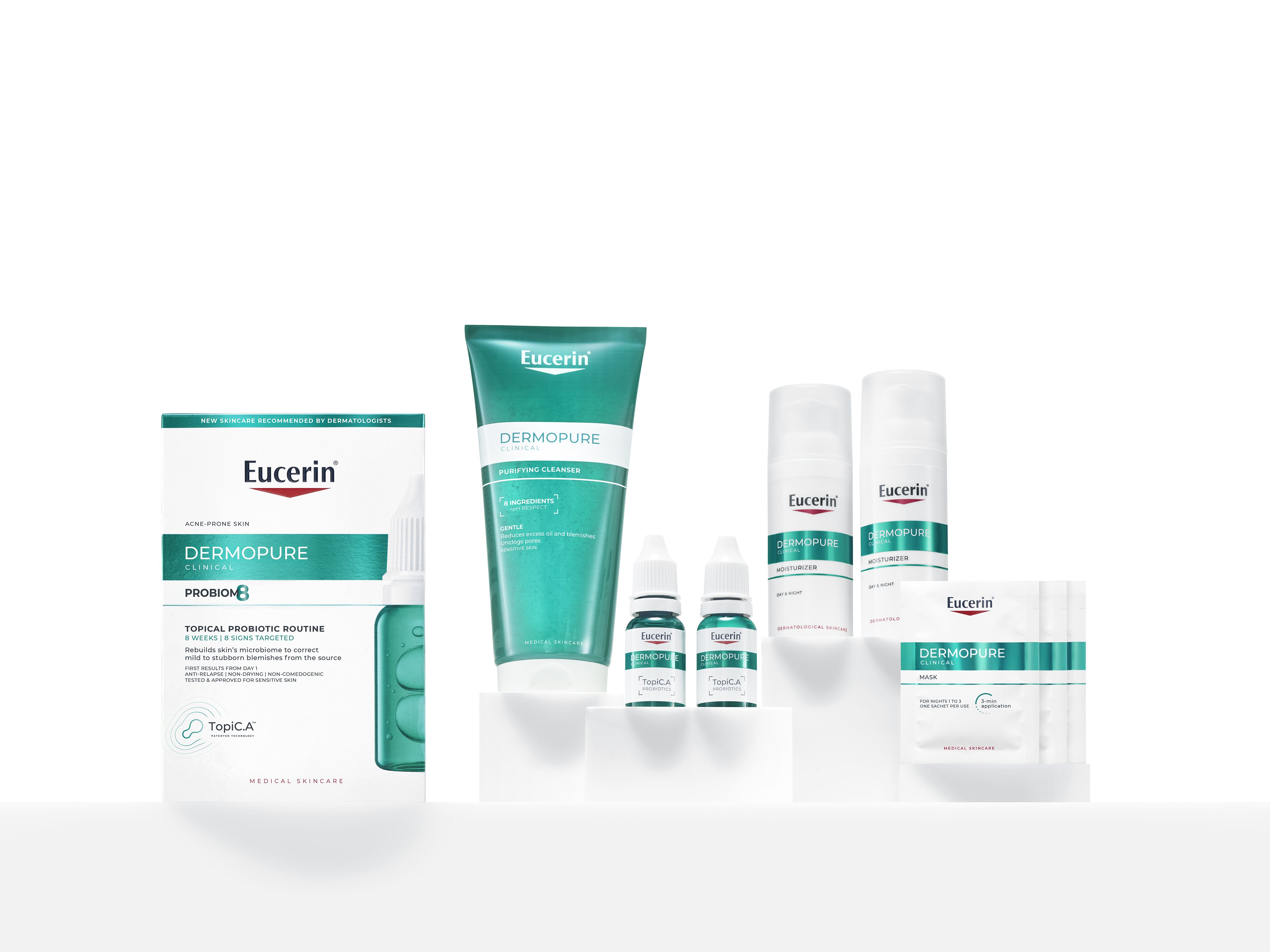 Eucerin Probiom8 kit presentation showing all products for an 8-week acne-prone skin care designed to correct mild to stubborn blemishes at the source