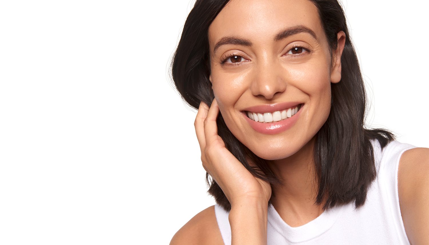 woman smiling on a white background