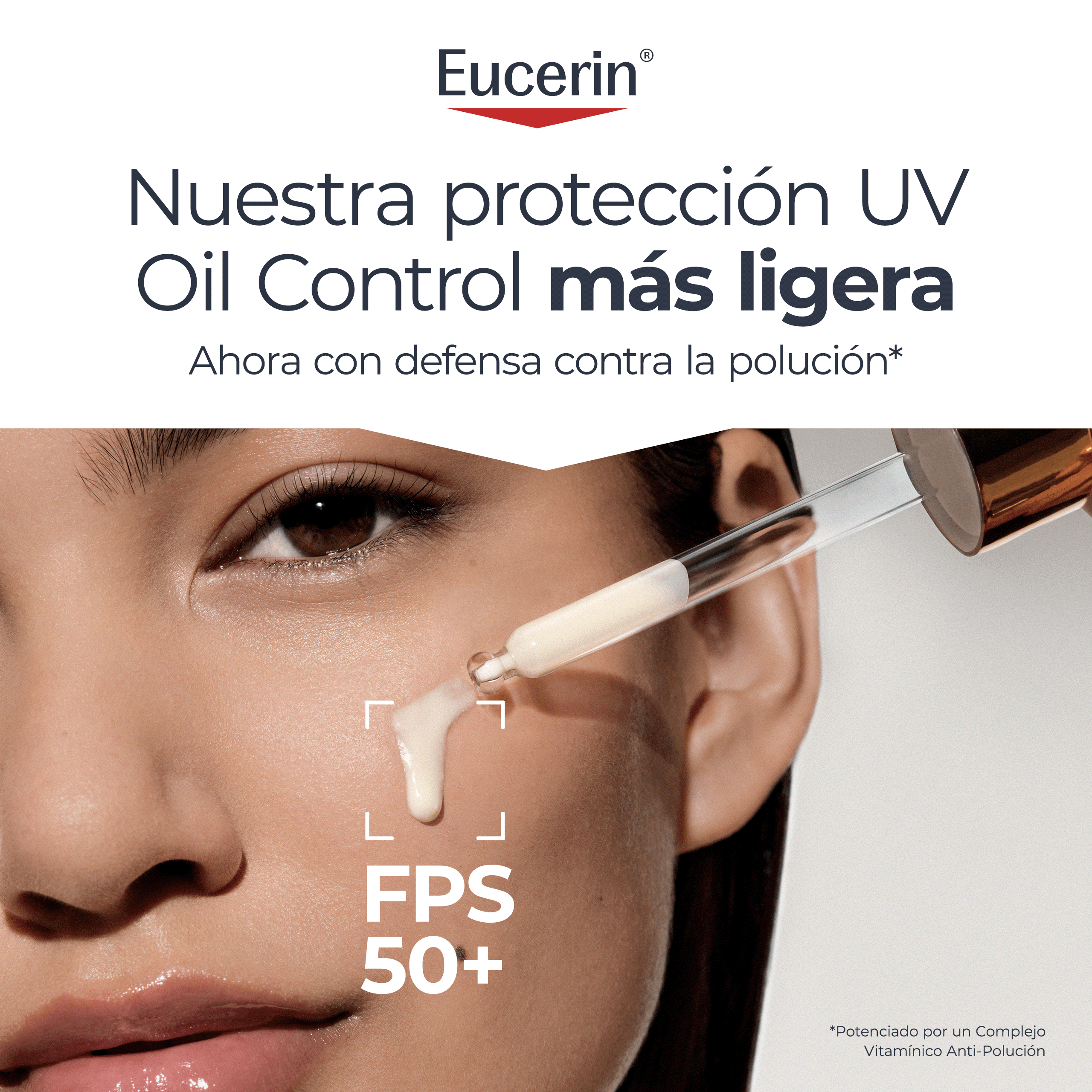 Eucerin® Sun Face Oil Control Sérum UV FPS50+ combina una protección muy alta contra los rayos UVB/UVA con una defensa contra la luz azul y la contaminación en una fórmula ultraligera y matificante.