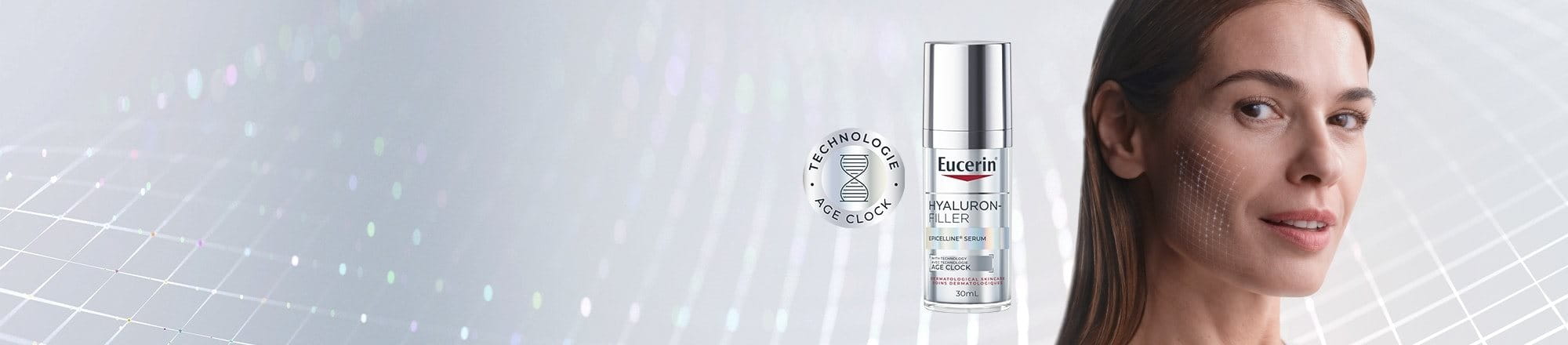 Photo du sérum Hyaluron-Filler Epicelline d’Eucerin (30 ml) à côté d’un plan rapproché du visage d’une femme; une matrice apparaît en surimpression sur ses joues pour suggérer l’efficacité du produit à combattre les signes de l’âge.