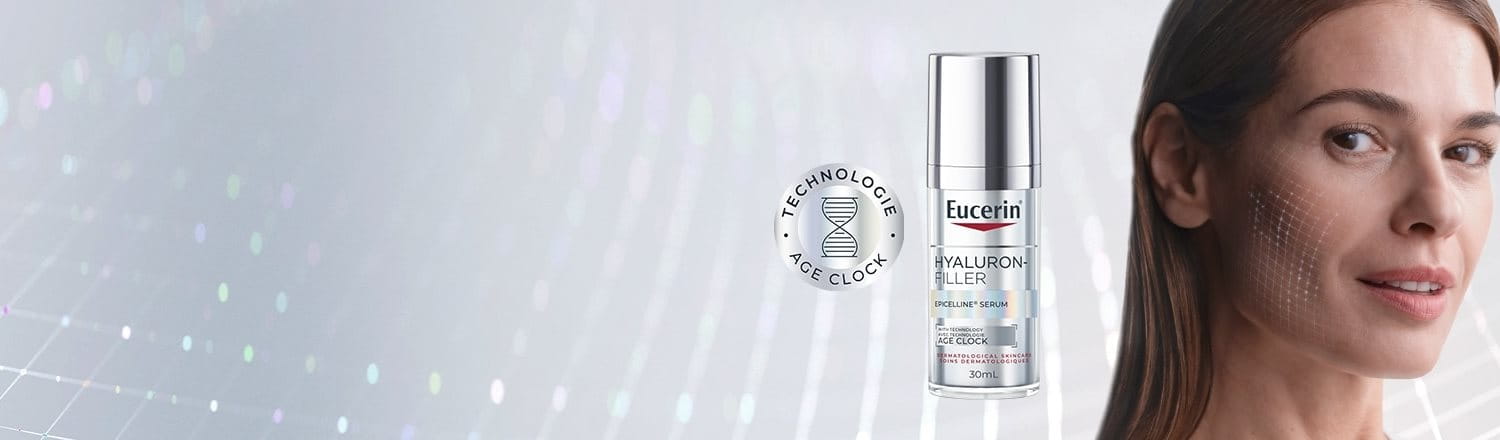 Photo du sérum Hyaluron-Filler Epicelline d’Eucerin (30 ml) à côté d’un plan rapproché du visage d’une femme; une matrice apparaît en surimpression sur ses joues pour suggérer l’efficacité du produit à combattre les signes de l’âge.