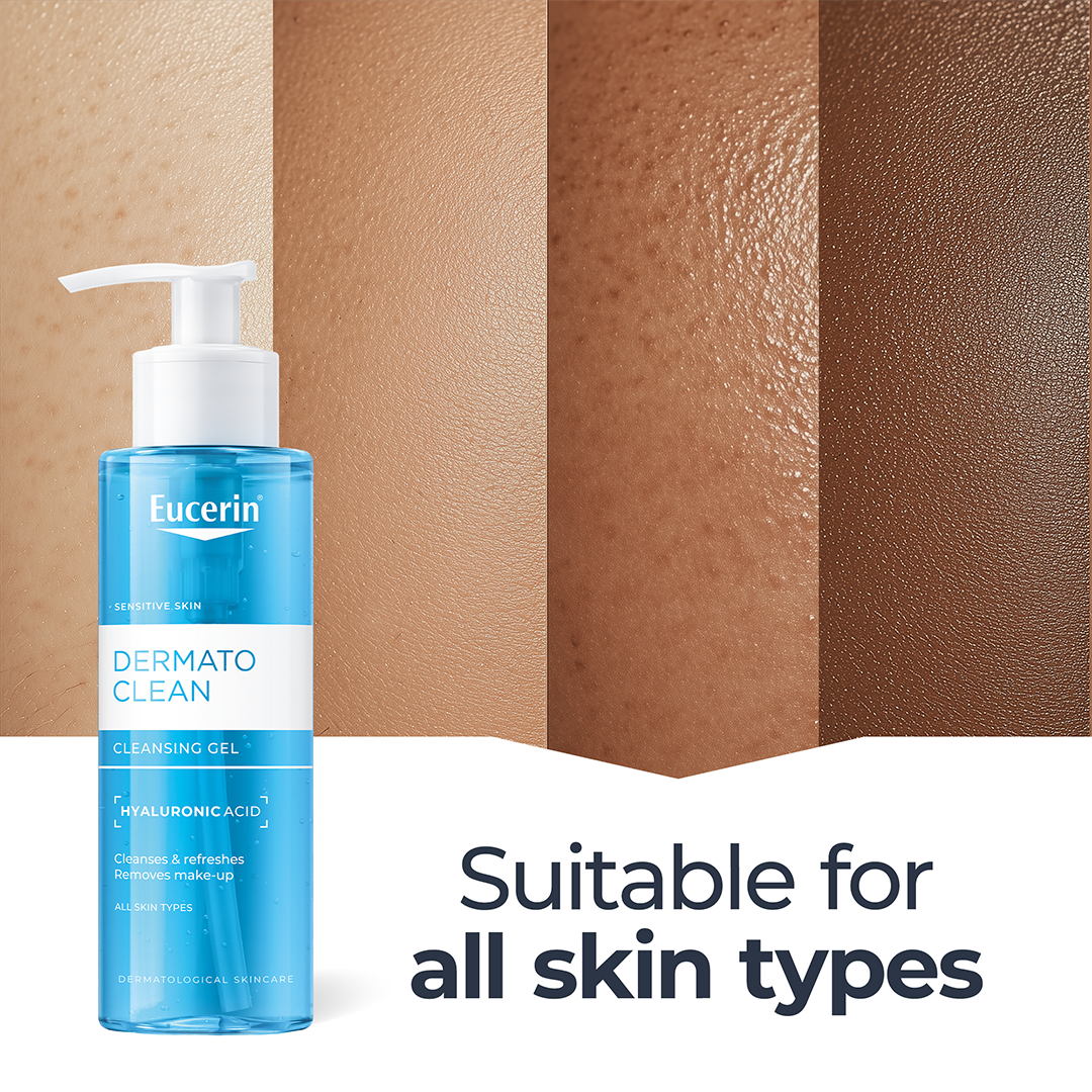 Infographic showing how Eucerin DermatoCLEAN Cleansing Gel is gentle enough to be used on all skin types