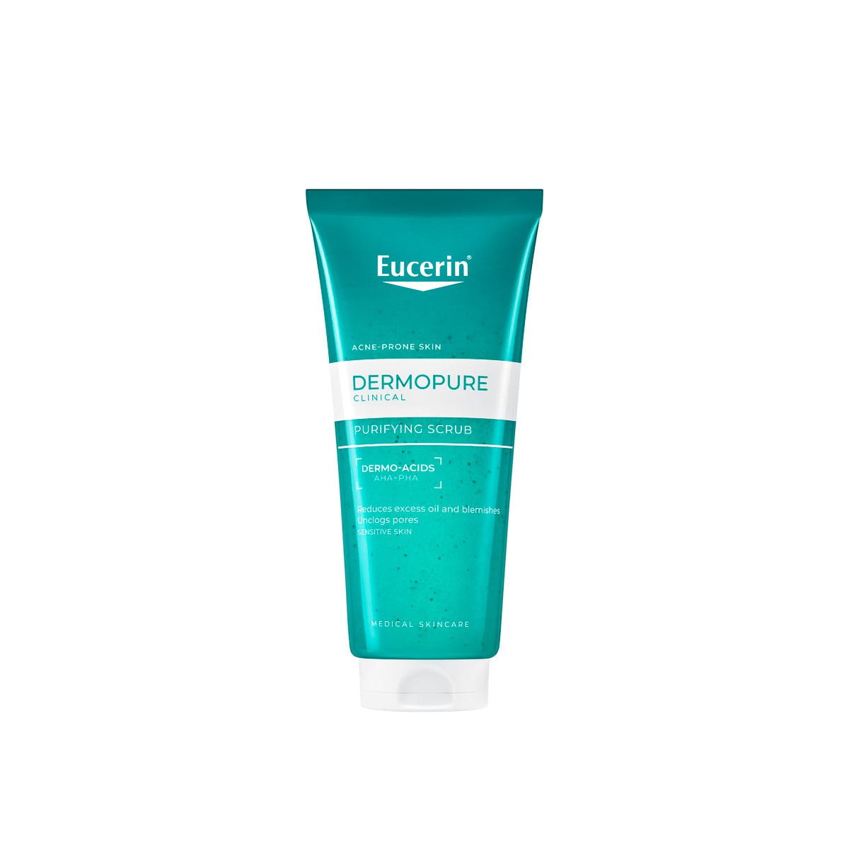 Eucerin DermoPure Clinical Purifying Scrub for acne-prone skin, with Dermo-Acids to reduce excess oil, blemishes, and unclog pores.