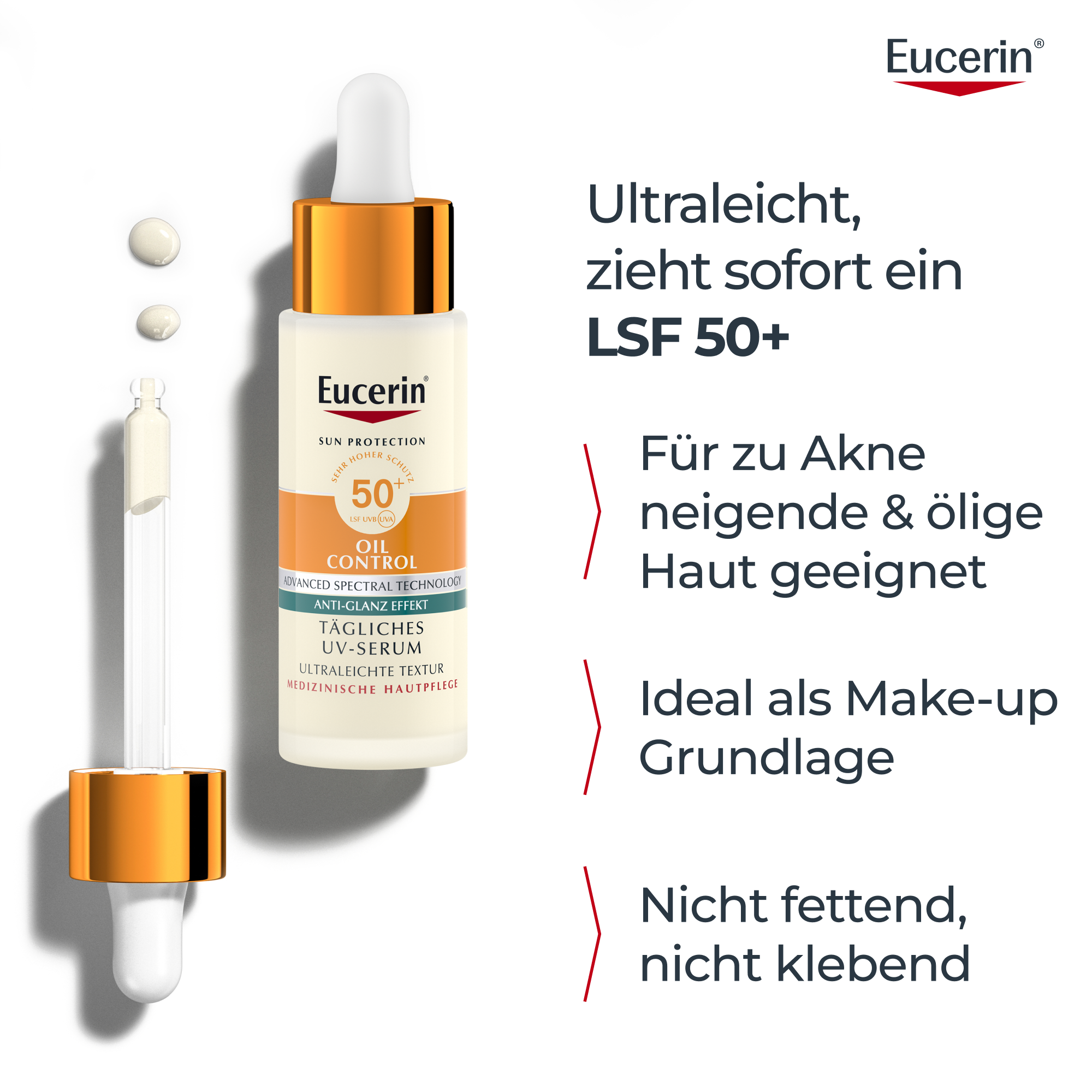 eine Frau mit Eucerin Oil Control Face Sun Tägliches UV-Serum LSF 50+ in der Hand, unserem leichtesten mattierenden UV-Schutz