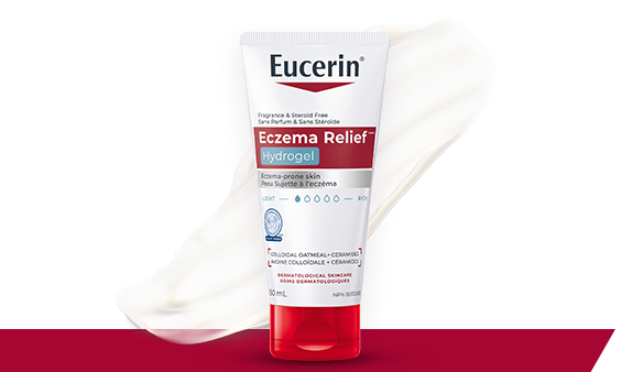 Eczema Relief Cream pack shot with a dash of creamy texture in the background