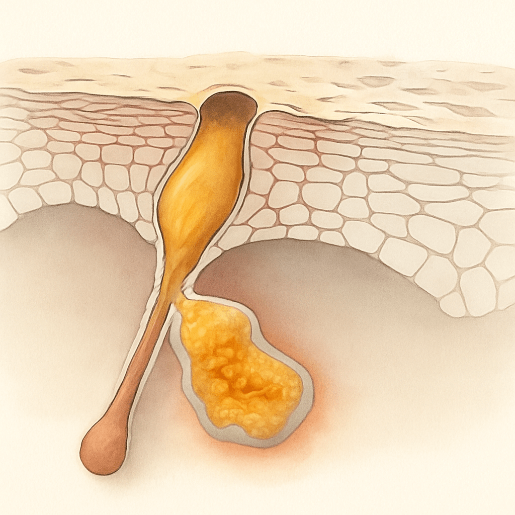 Eine Grafik, die einen Mitesser und die Entzündung am Haarfollikel unter der Haut visualisiert.