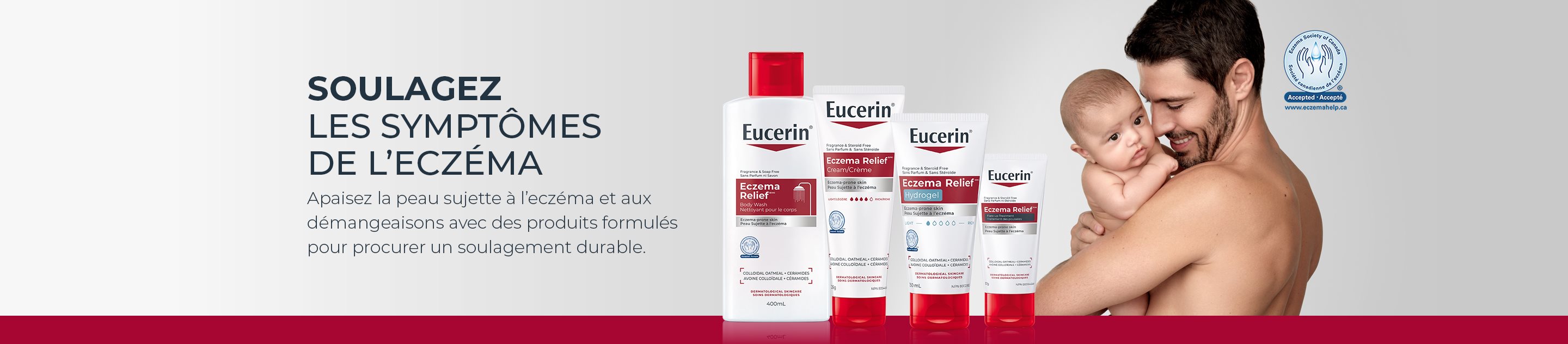 Personne tenant et embrassant un bébé à côté de quatre produits Eucerin pour le soulagement de l'eczéma.