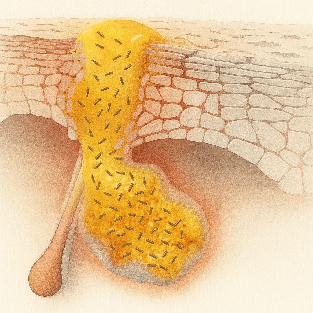 Eine Grafik, die einen Pickel und die Entzündung am Haarfollikel unter der Haut zeigt.