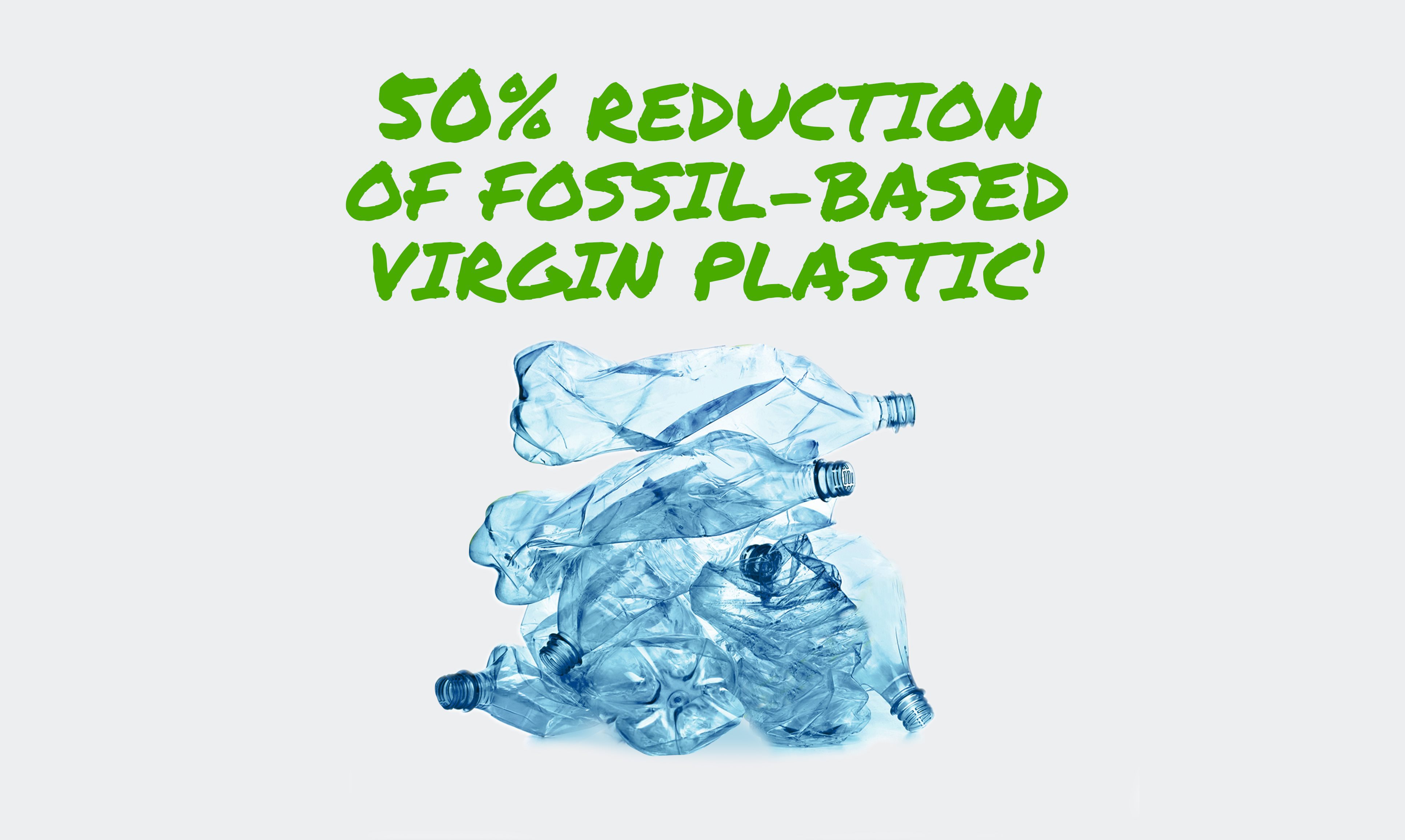 A stack of discarded plastic bottles encircled by a stylized recycling symbol