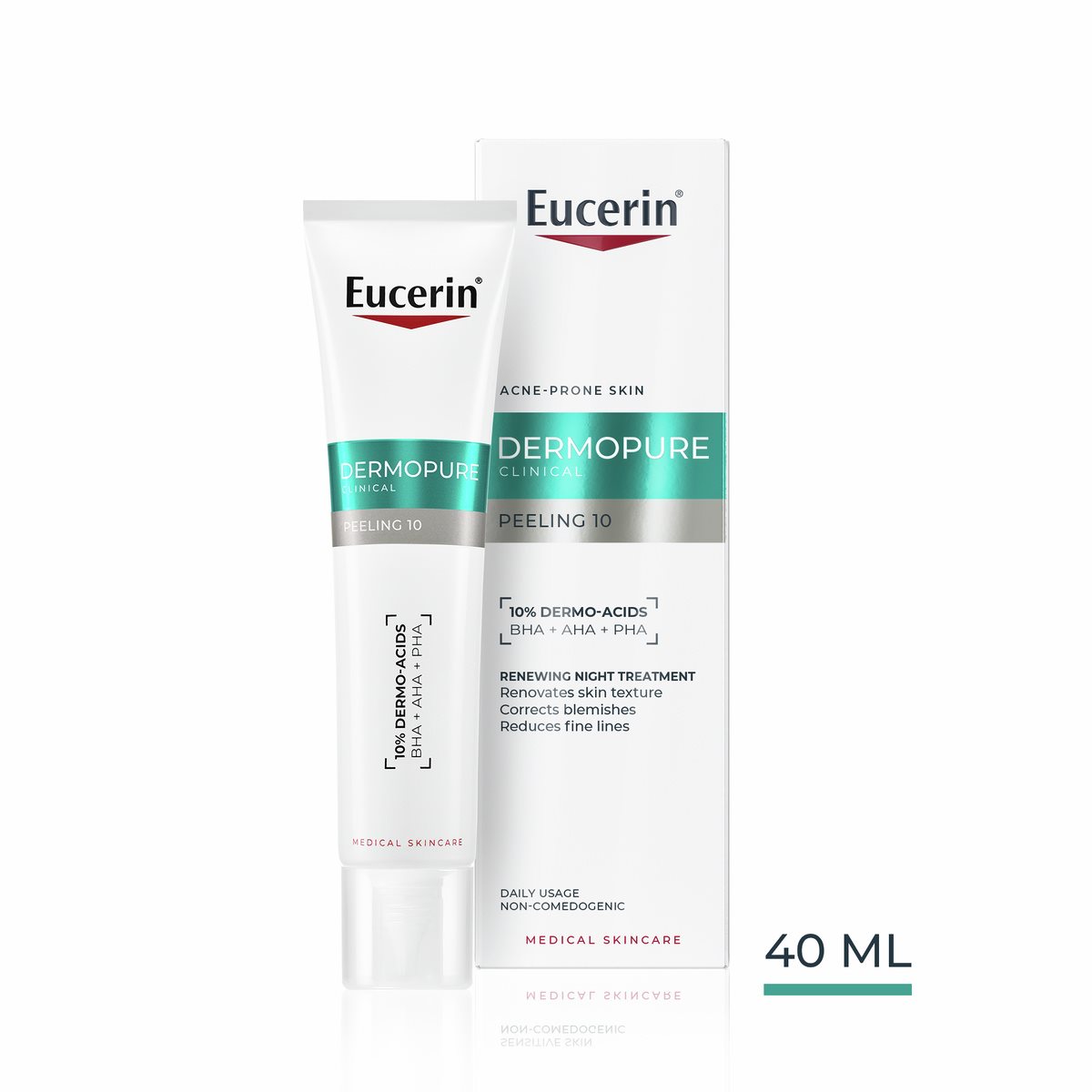 Eucerin DermoPure Clinical Peeling 10 tube and box for acne-prone skin, with 10% Dermo-Acids to renew texture and correct blemishes.