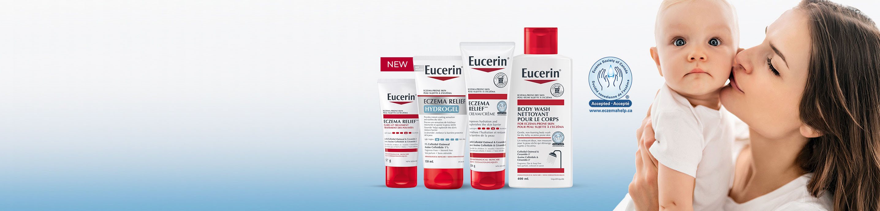 A mother kissing a baby with oatmeal pieces in the background and an Eczema Relief pack shot on the left