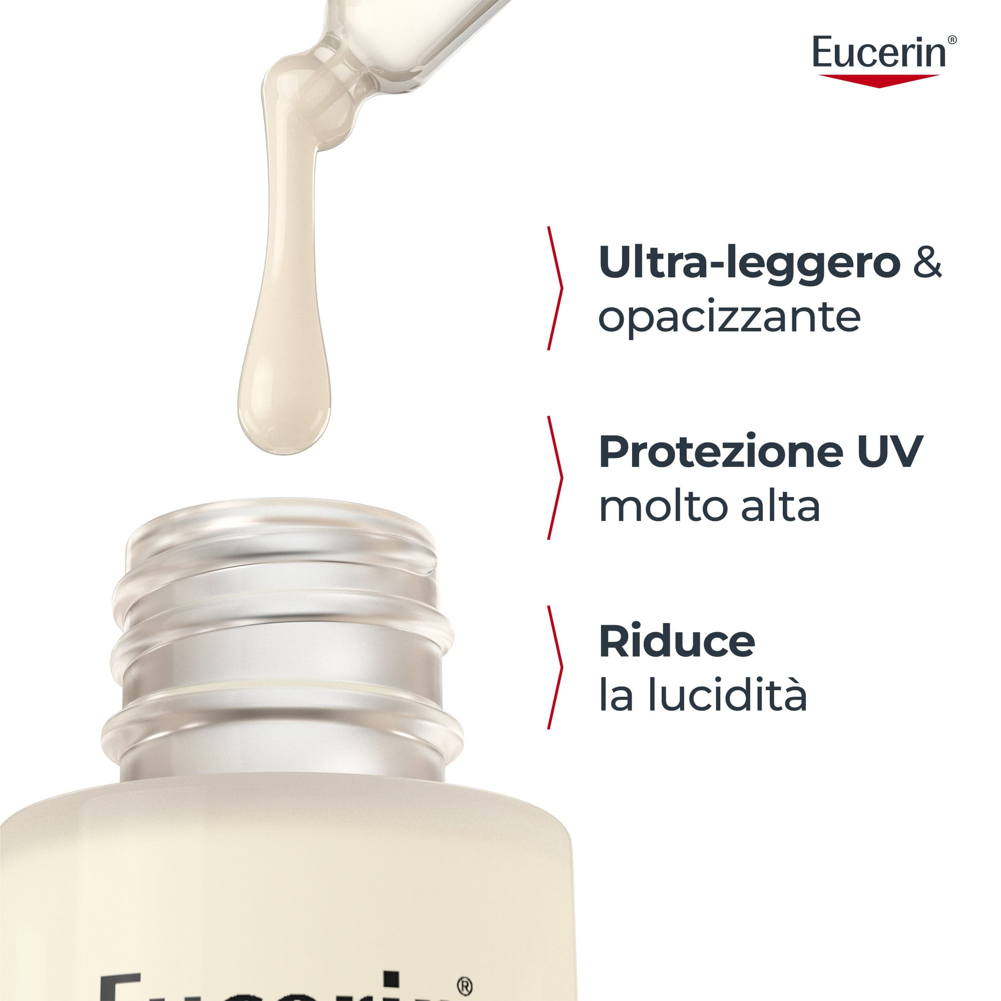 una donna con in mano Eucerin Sun Face Oil Control Daily UV Serum SPF 50+, la nostra protezione dai raggi UV MAT più leggera