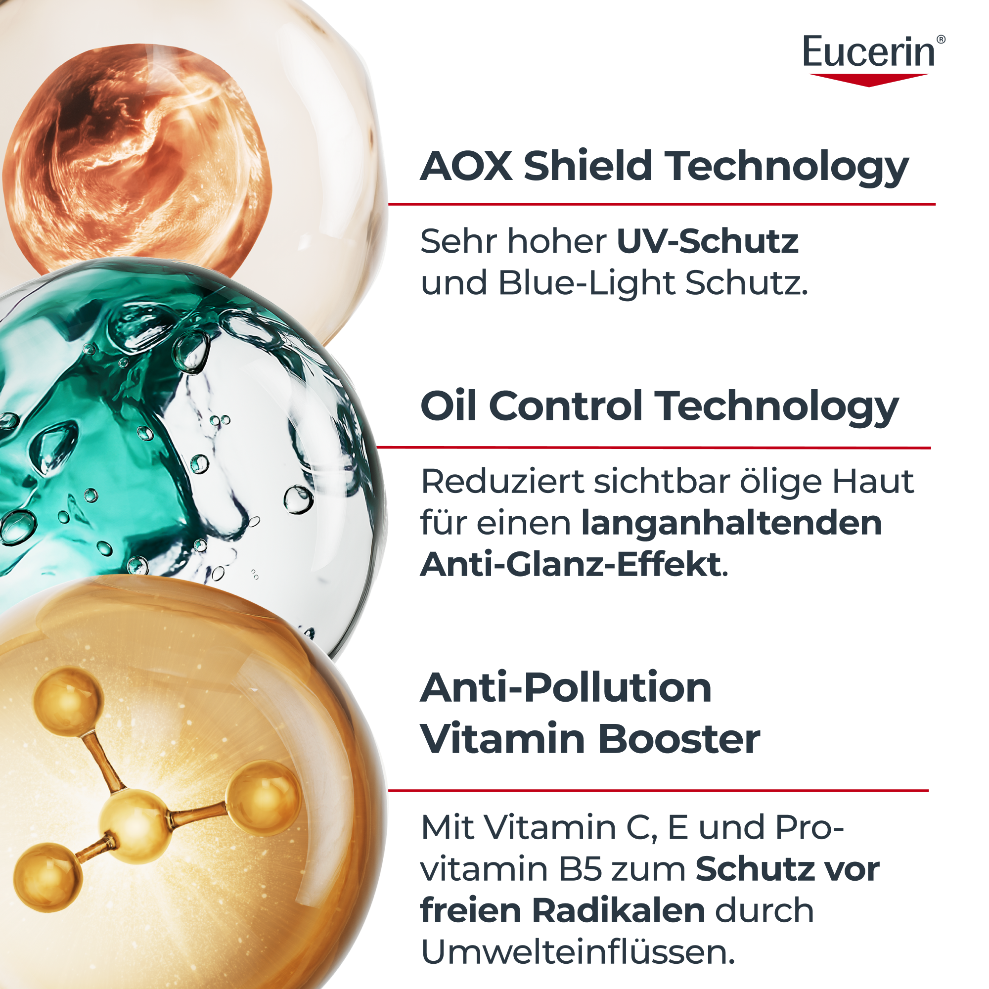 Wissenschaftliche Analyse des Eucerin Oil Control Face Sun Tägliches UV-Serum LSF 50+ mit AOX Shield Technology für UV- und Blaulichtschutz, Talgreduzierung für weniger Glanz und Anti-Pollution-Vitamine C, E und Pro-Vitamin B5. 