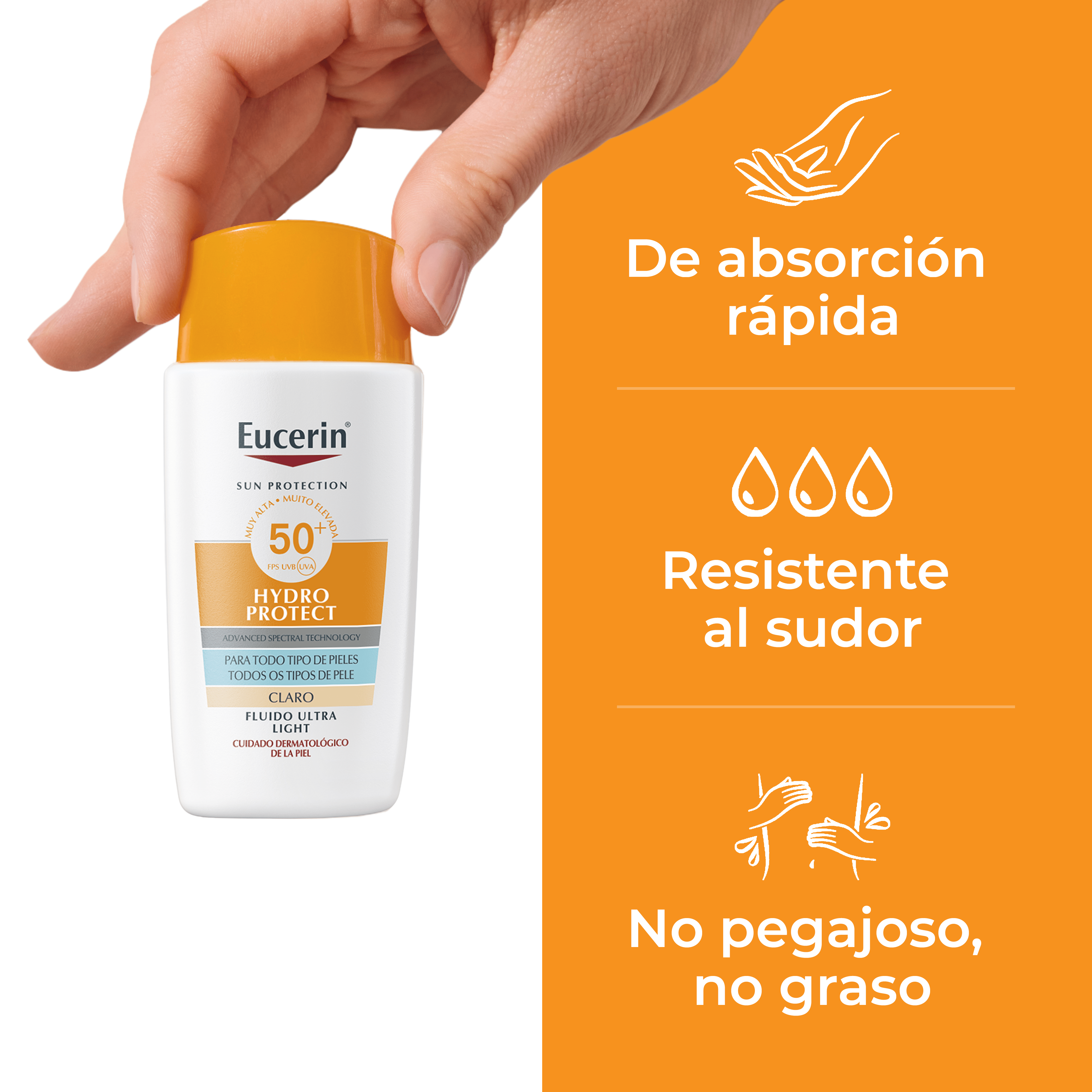 Mujer con Eucerin Hydro Protect Ultralight Sun Fluid Tinted FPS50+, destacando su triple acción en tonos claros y medios para todo tipo de pieles.