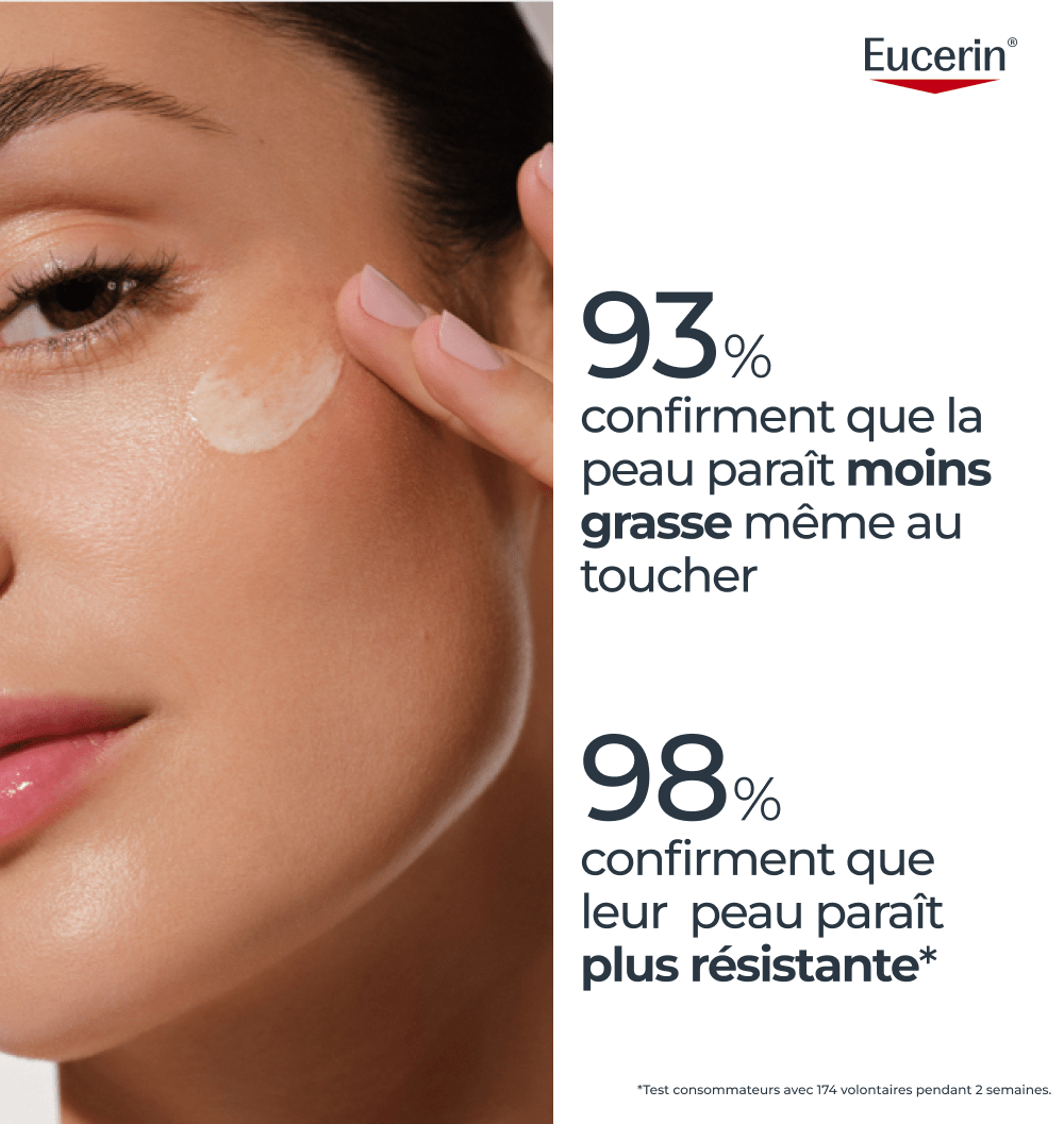 gros plan d’une personne appliquant le Sérum Oil Control Ultra-léger SPF 50+ d’Eucerin sur son visage.
