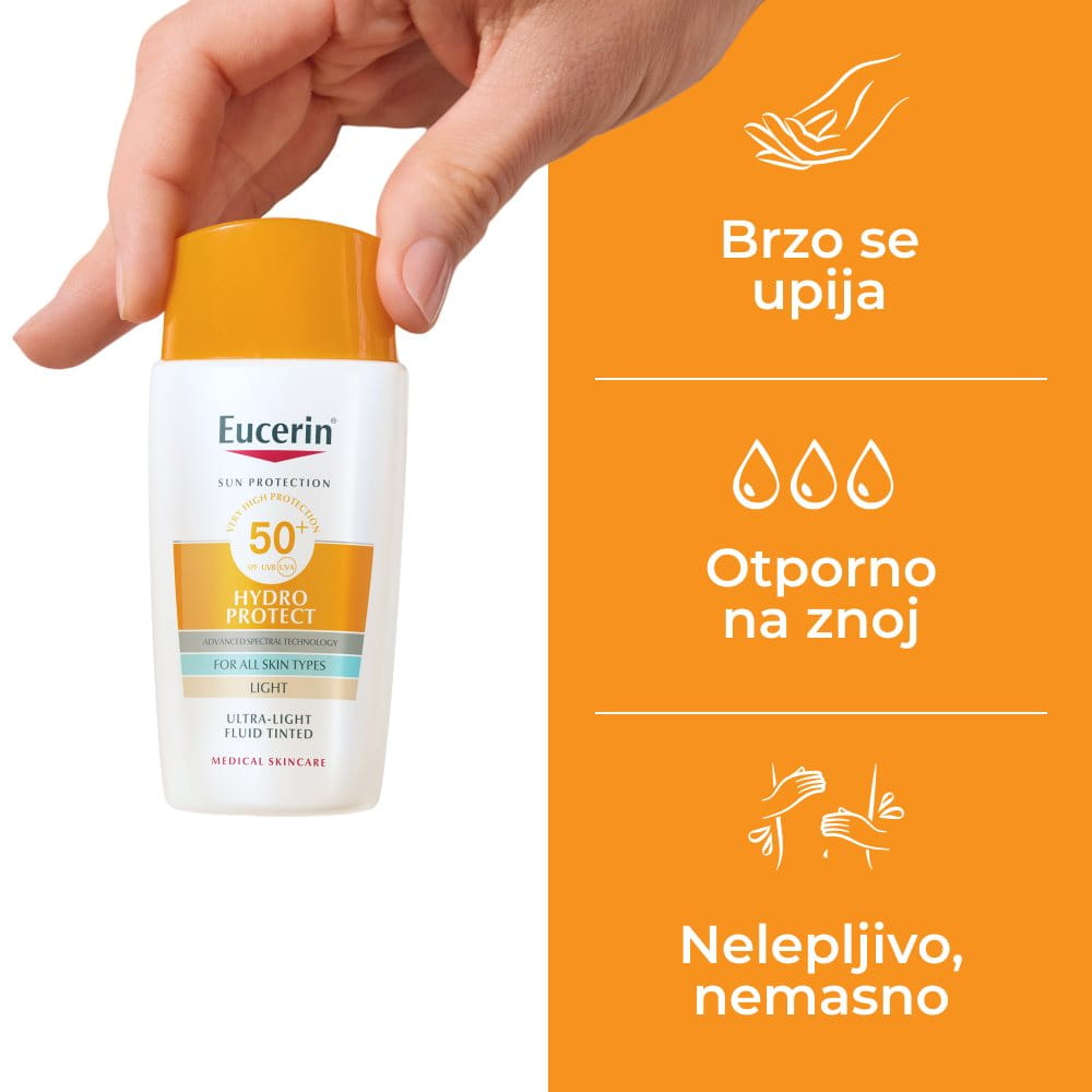Žena koristi Eucerin Hydro Protect tonirani fluid SPF50+, svetli ističući trostruko dejstvo, u svetloj i tamnoj nijansi, za sve tipove kože.