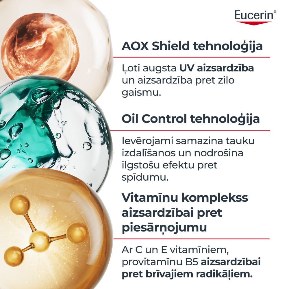 Zinātnisks Eucerin Sun Oil Control ikdienas UV seruma SPF 50+ iedarbības skaidrojums: „ AOX Shield ” tehnoloģija nodrošina aizsardzību pret UV starojumu un zilo gaismu, sebuma izdalīšanās kontroli spīduma mazināšanai, kā arī C un E vitamīnus un provitamīnu B5 aizsardzībai pret vides piesārņojumu.