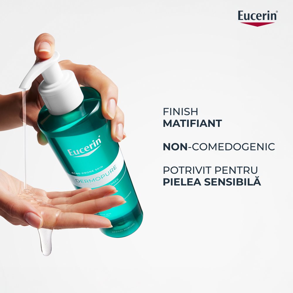 infografica che illustra i benefici del detergente purificante Eucerin Dermopure Clinical Detergente Purificante