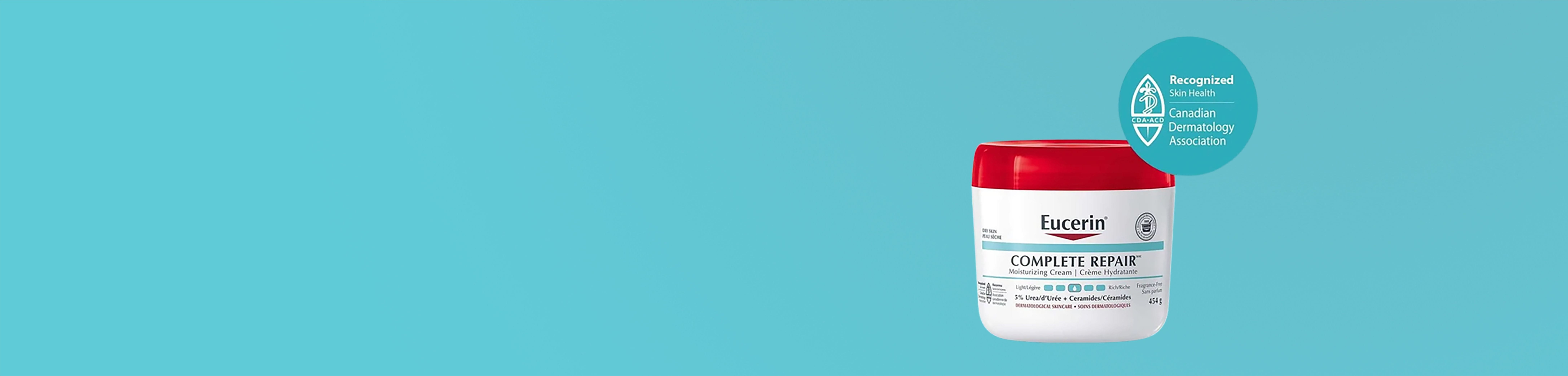 Un pot de crème hydratante Eucerin Complete Repair sur un fond bleu.