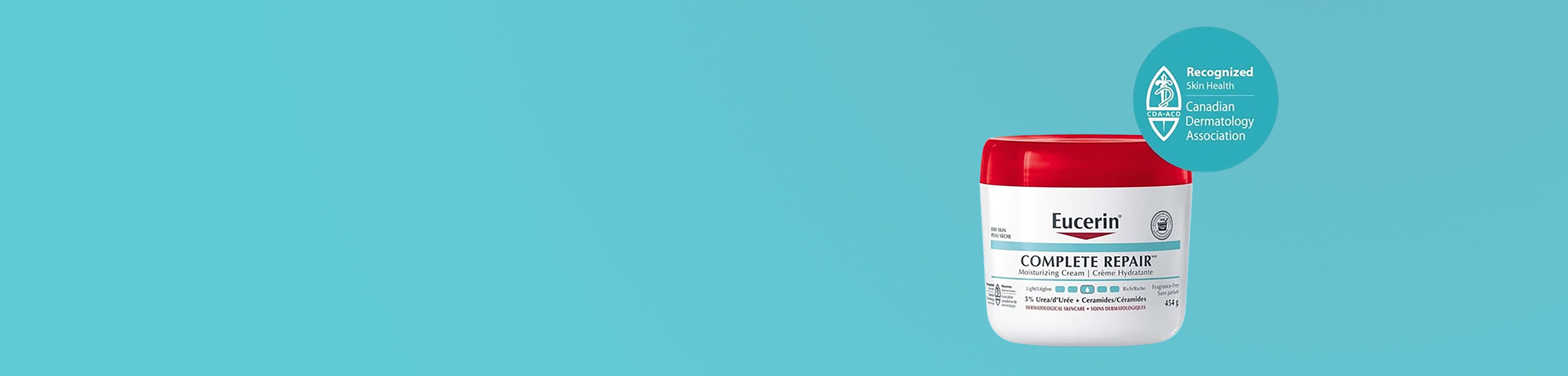 A container of Eucerin Complete Repair moisturizing cream on a blue background