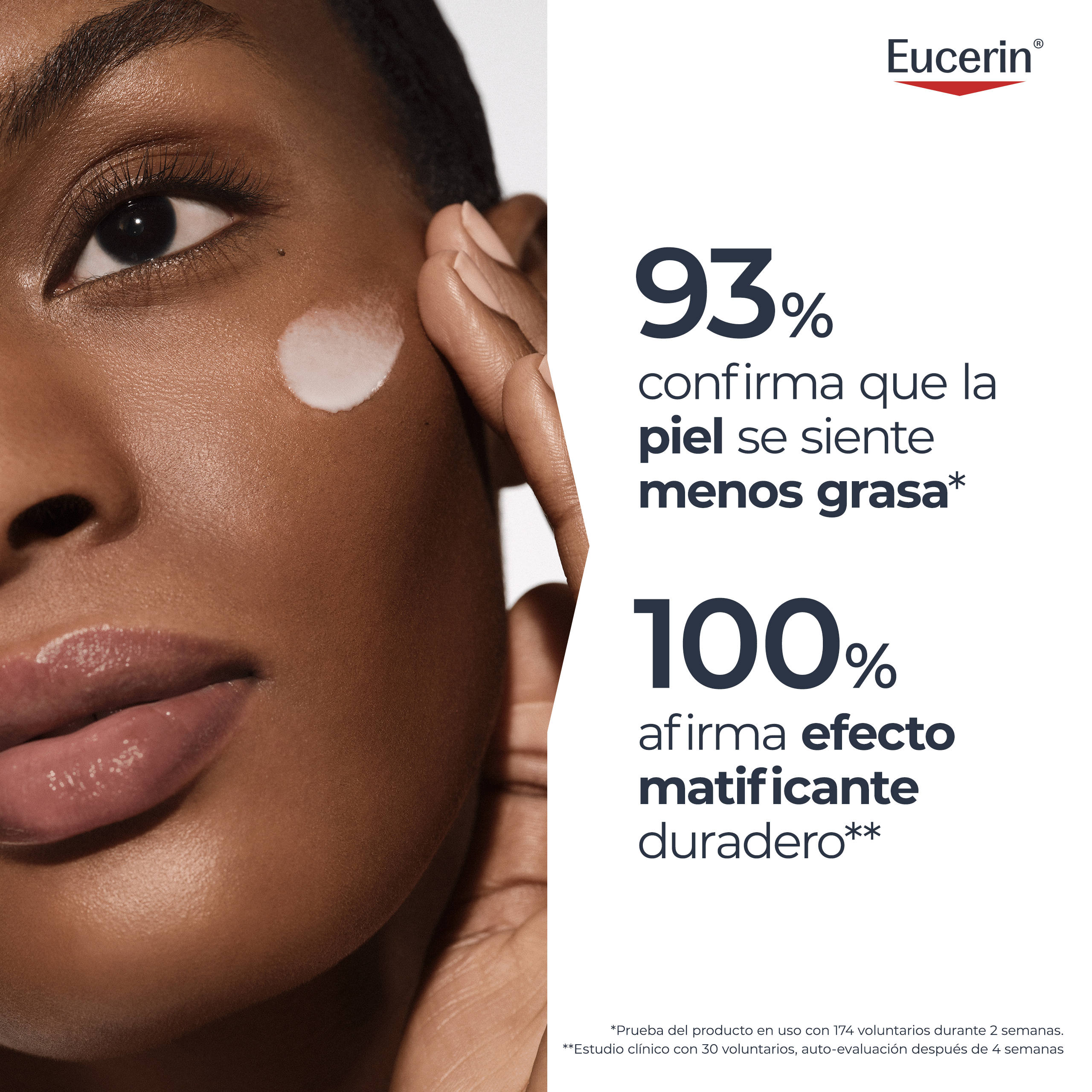 primer plano de una persona aplicándose el Sun Face Oil Control Sérum UV FPS50+ de Eucerin en el rostro.