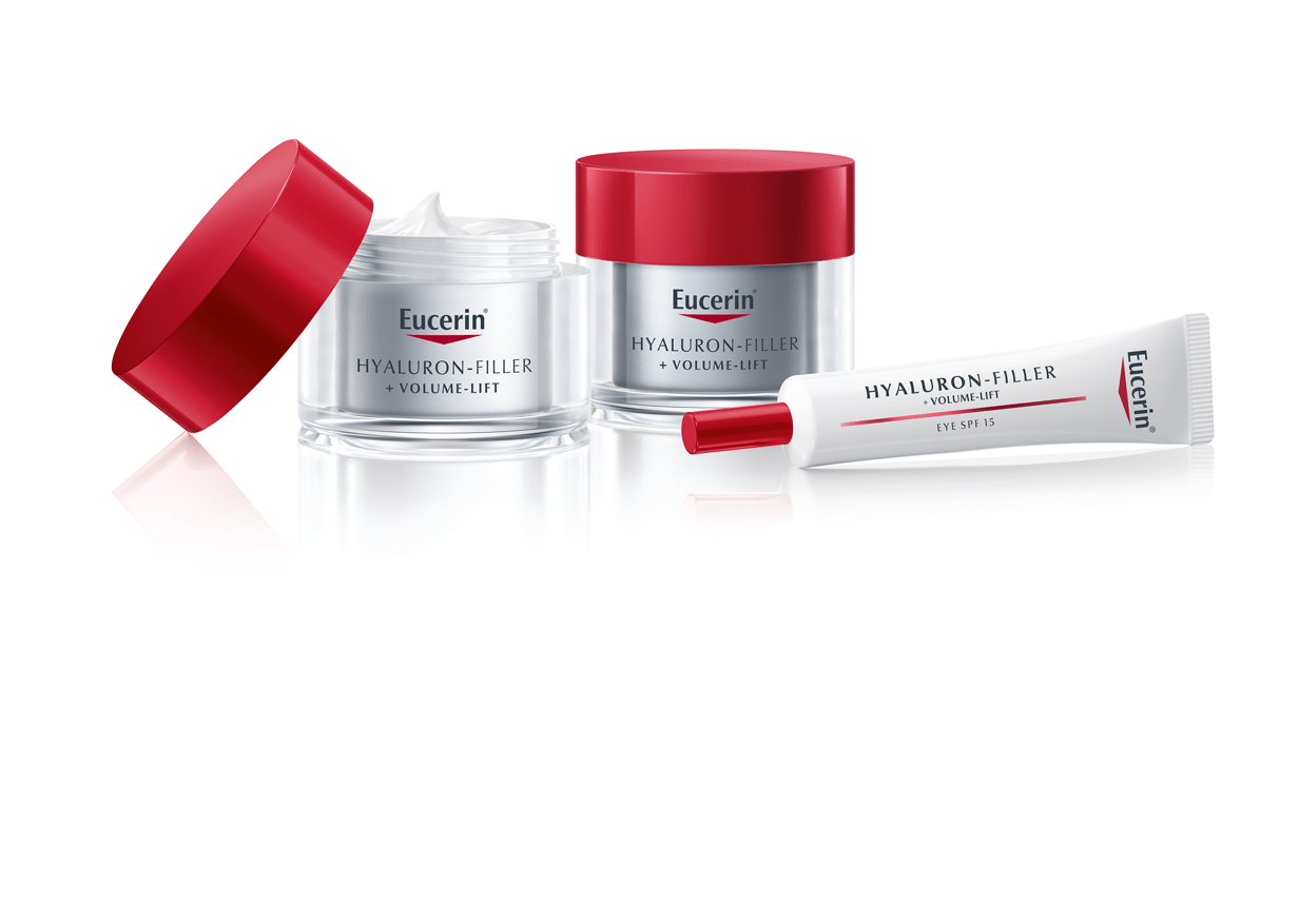 Eucerin Hyaluron-Filler + Volume-Lift Pflegeprodukte, darunter eine Tages- und Nachtcreme sowie eine Augenpflege mit LSF 15. Entwickelt zur Straffung und Regeneration reifer Haut.
