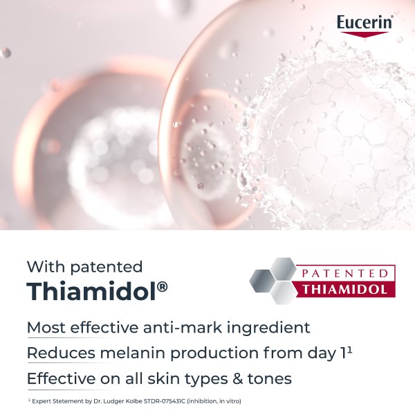 Infographic showing a close-up illustration of a Thiamidol molecule overlaid with text that says Thiamidol is the most effective anti-mark ingredient, it reduces melanin production from day one and is effective on all skin types and tone