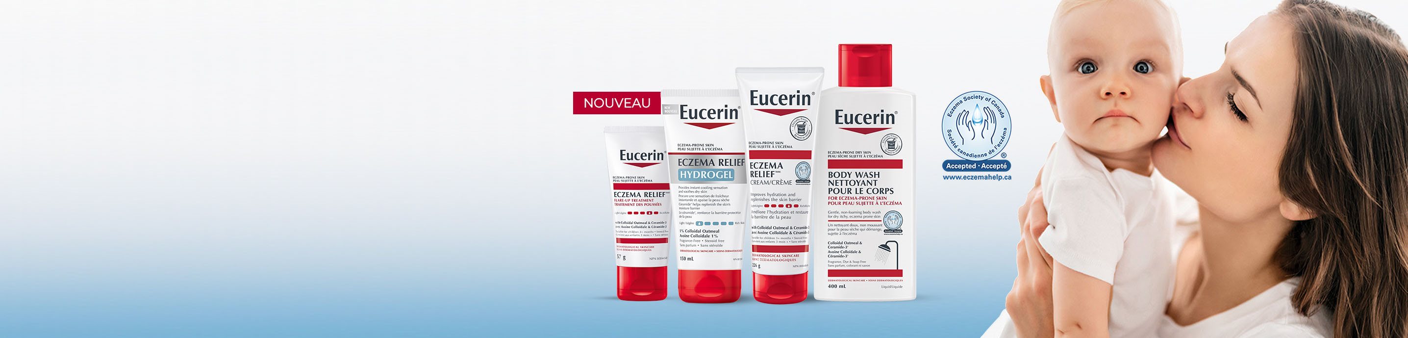 Personne tenant et embrassant un bébé à côté de quatre produits Eucerin pour le soulagement de l'eczéma.