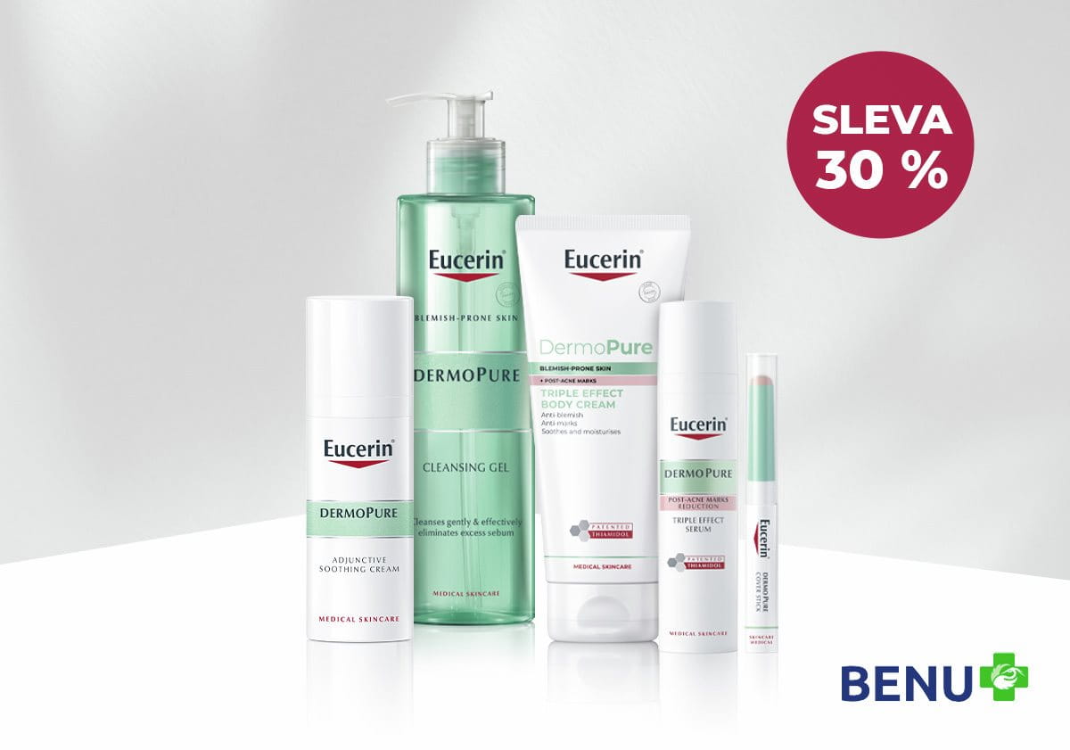 Produkty Eucerin DermoPure a logo Benu
