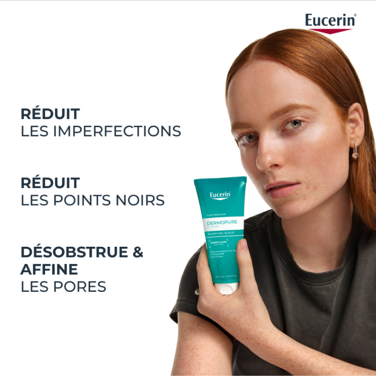 infografica che illustra le caratteristiche principali di Eucerin Dermopure Clinical Scrub Purificante