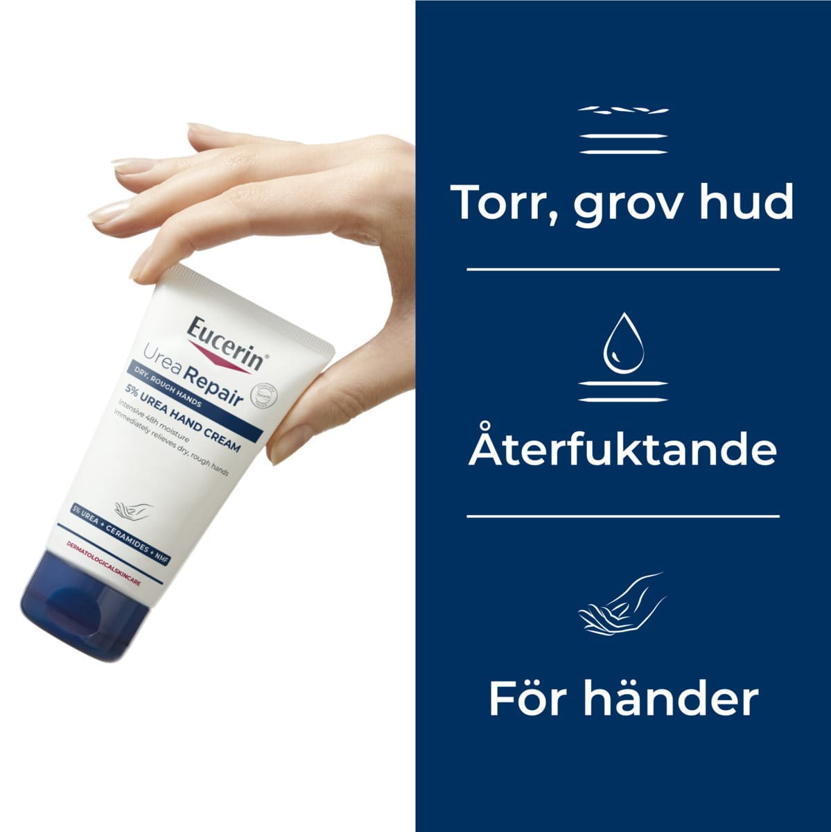 Infografik som visar att Eucerin Urea Hand Cream är lämplig för återfuktning av torr, grov hud på händerna