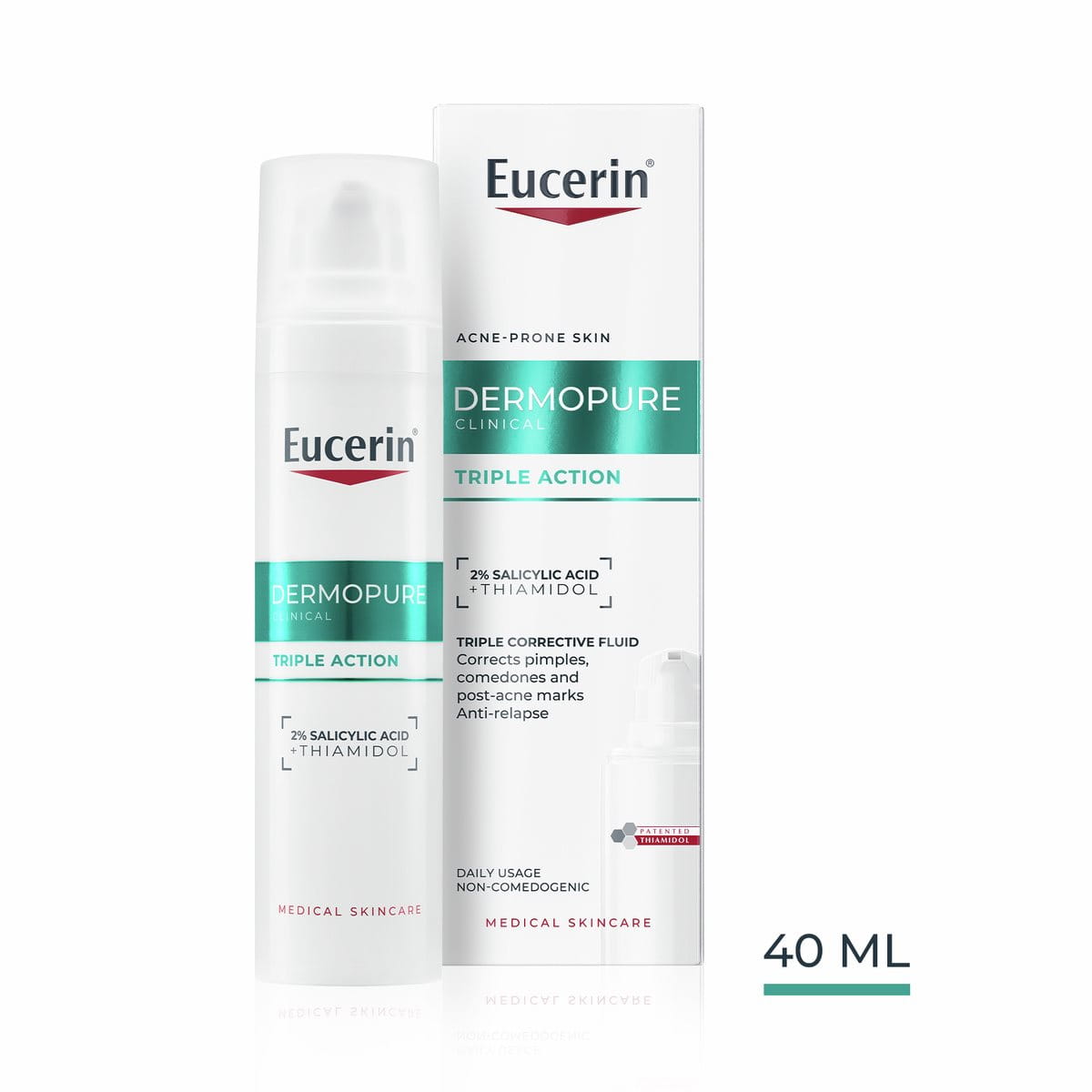 Eucerin DermoPure Clinical Triple Action 40 ml pump and box for acne-prone skin, with salicylic acid and Thiamidol to correct blemishes.
