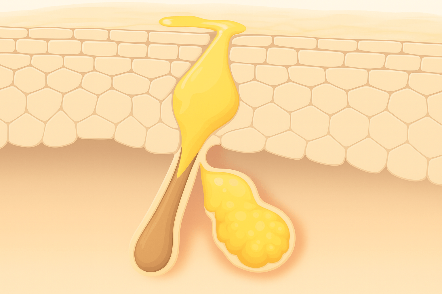 Querschnitt menschlicher Haut zeigt eine angeschwollene Talgdrüse, die mit Eiter gefüllt ist. 