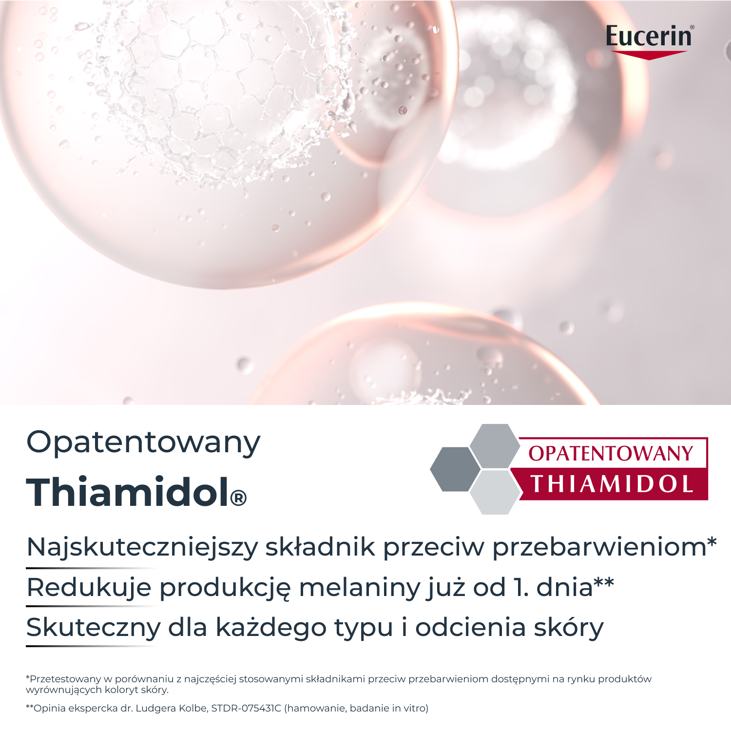 Infografika przedstawiająca zbliżenie cząsteczki Thiamidolu z nałożonym napisem: „Thiamidol to najskuteczniejszy składnik przeciwdziałający powstawaniu przebarwień; już od pierwszego dnia ogranicza produkcję melaniny i działa skutecznie na wszystkie rodzaje i odcienie skóry”