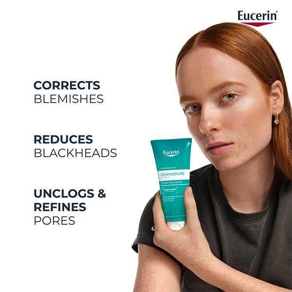 Infografik mit den Produkt-Highlights des Eucerin Dermopure Clinical Waschpeeling
