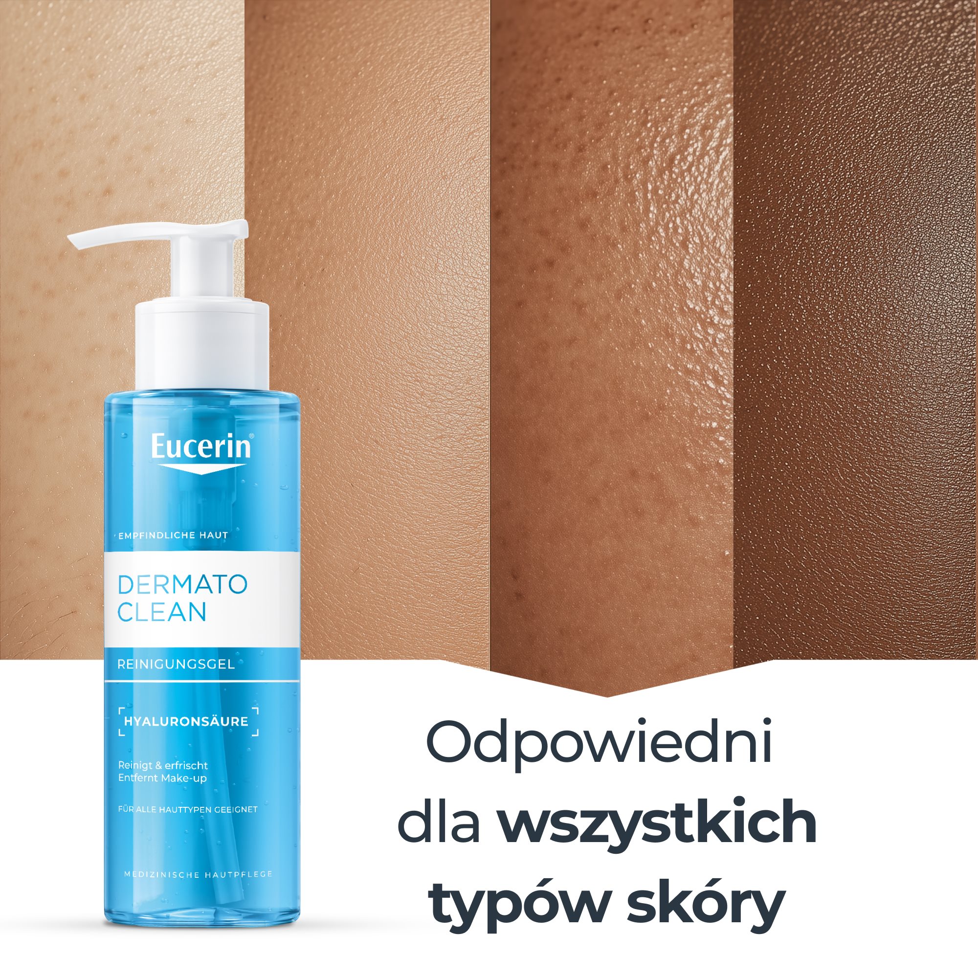 Infografika pokazująca, że Eucerin DermatoCLEAN Żel oczyszczający jest na tyle delikatny, że można go stosować do każdego rodzaju skóry
