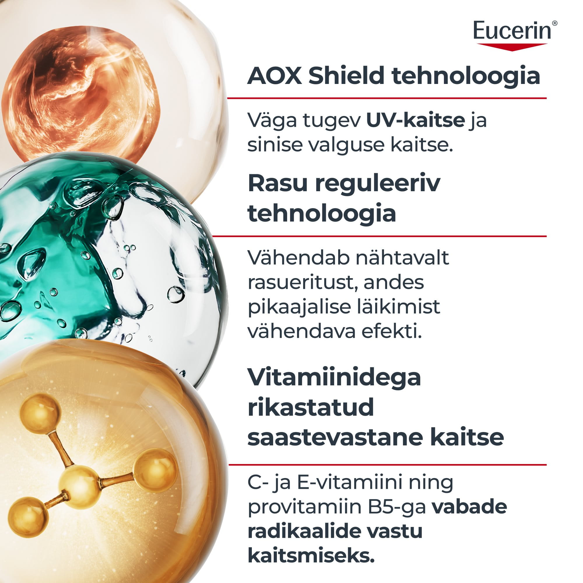Eucerin Sun Oil Control igapäevase UV-seerumi SPF 50+ teaduslik jaotus, mis hõlmab AOX-kaitsetehnoloogiat kaitseks UV-kiirguse ja sinise valguse vastu, rasuerituse reguleerimist läike vähendamiseks ning saastevastaseid C-, E-vitamiine ja B5-provitamiini.