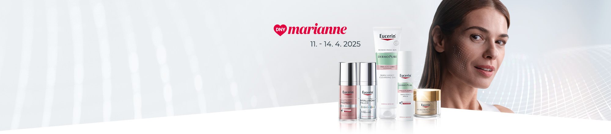 Modelka, produkty Eucerin a logo Dny Marianne