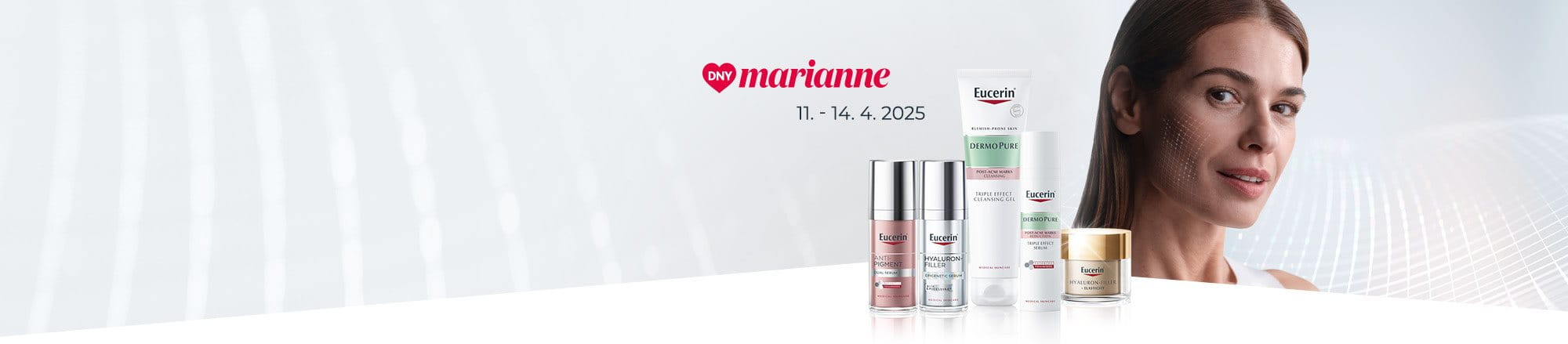 Modelka, produkty Eucerin a logo Dny Marianne