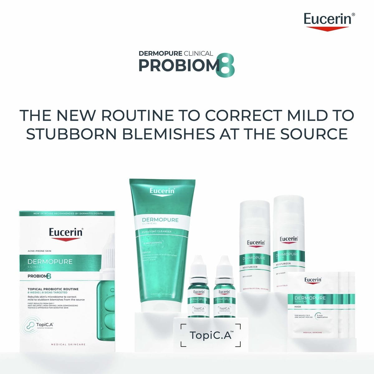 Eucerin Probiom8 kit presentation showing all products for an 8-week acne-prone skin care designed to correct mild to stubborn blemishes at the source