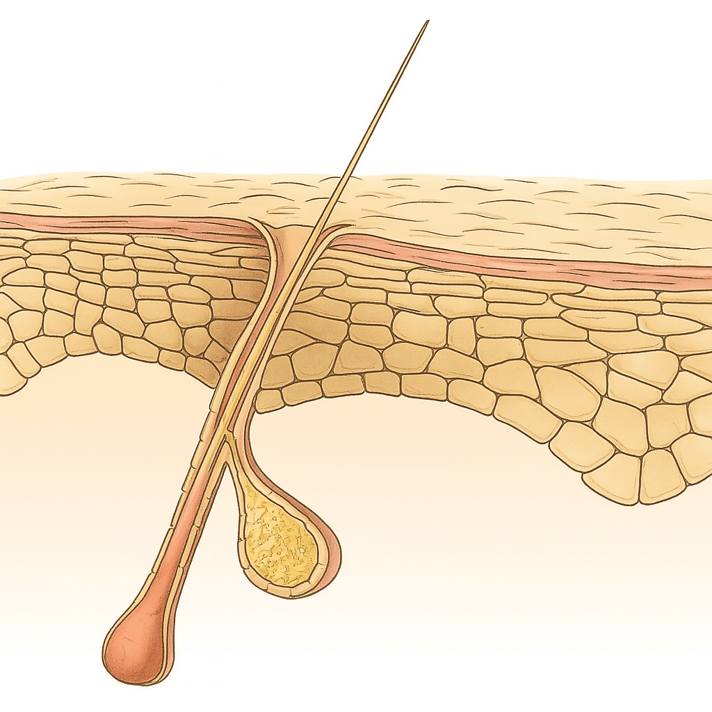 Eine Grafik, die eine kleine Entzündung am Haarfollikel unter der Haut darstellt.