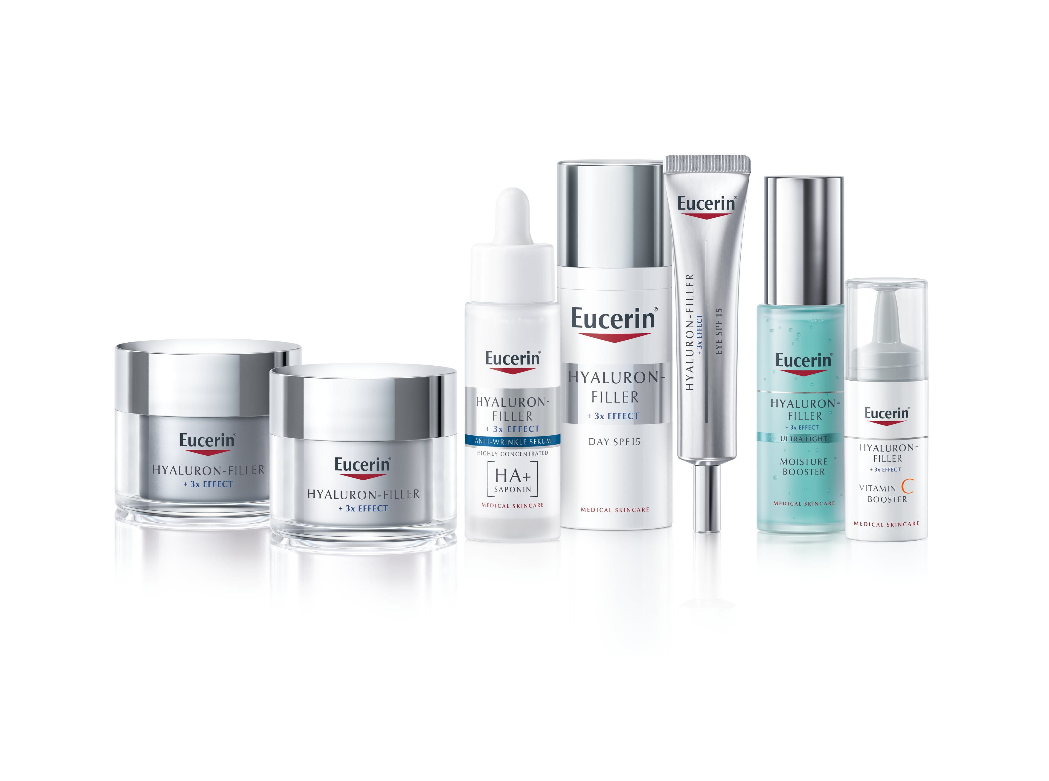Bild der Eucerin HYALURON-FILLER + 3x EFFECT Produkte vor weissem Hintergrund.