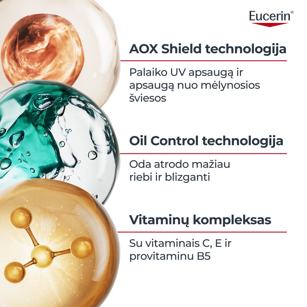 Mokslinis „Eucerin Sun Oil Control kasdienis UV serumas SPF 50+“ veikimo paaiškinimas: „AOX Shield“ technolohija apsaugai nuo UV ir mėlynosios šviesos, riebalų išsiskyrimo kontrolė blizgesiui mažinti ir vitaminai C, E bei provitaminas B5 apsaugai nuo aplinkos taršos.