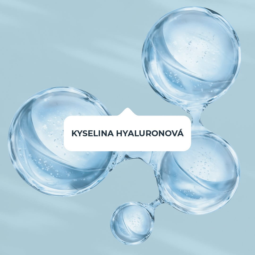 Mikroskopické zobrazení molekul kyseliny hyaluronové v čirém modrém hydratačním séru.