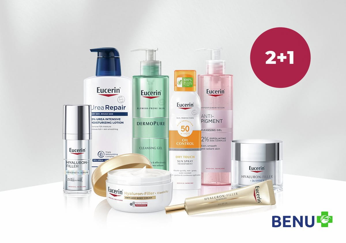 produkty Eucerin slnečnej ochrany a logo Benu