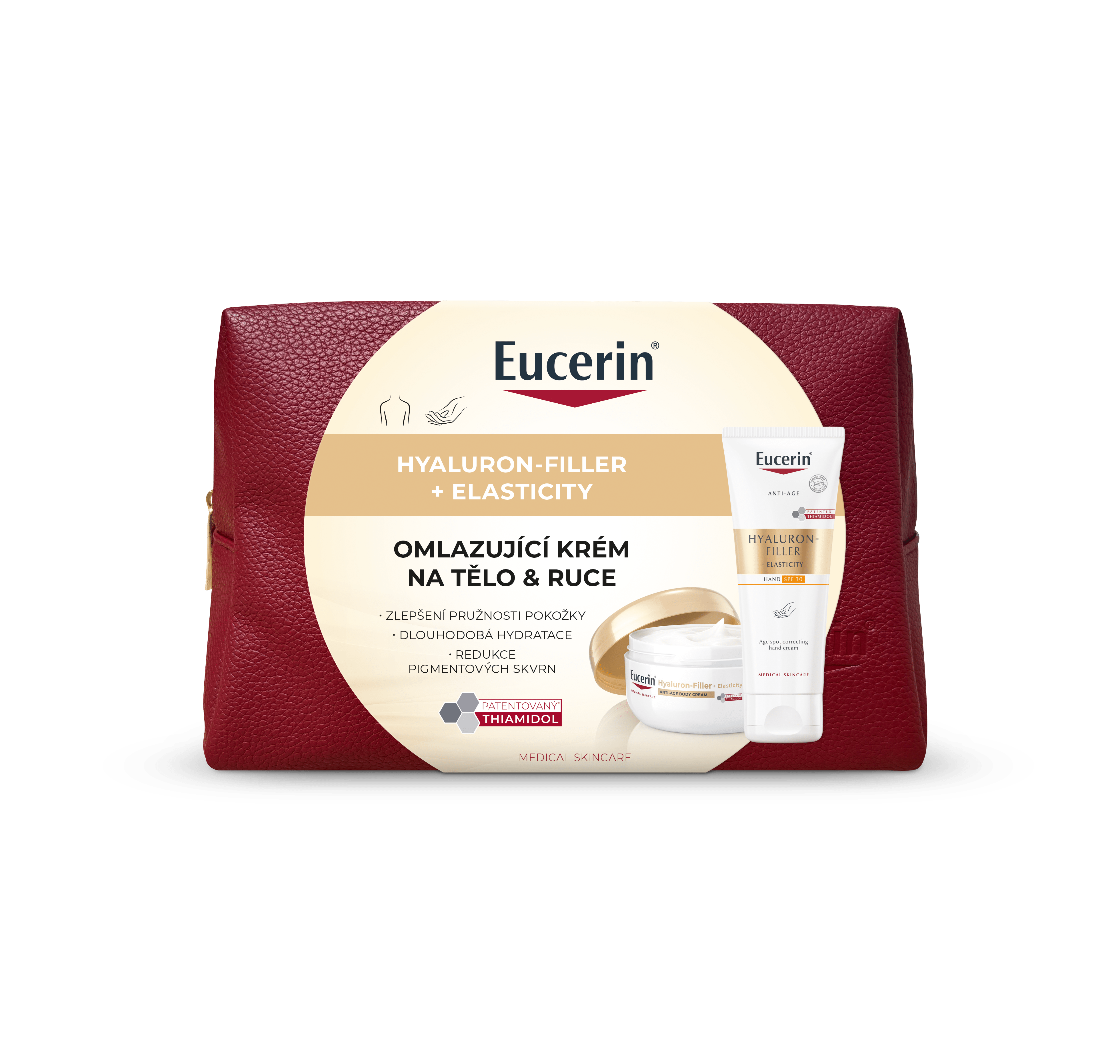 Vánoční balení Hyaluron-Filler + Elasticity Krém na ruce proti pigmentovým skvrnám + Tělový krém s omlazujícím účinkem