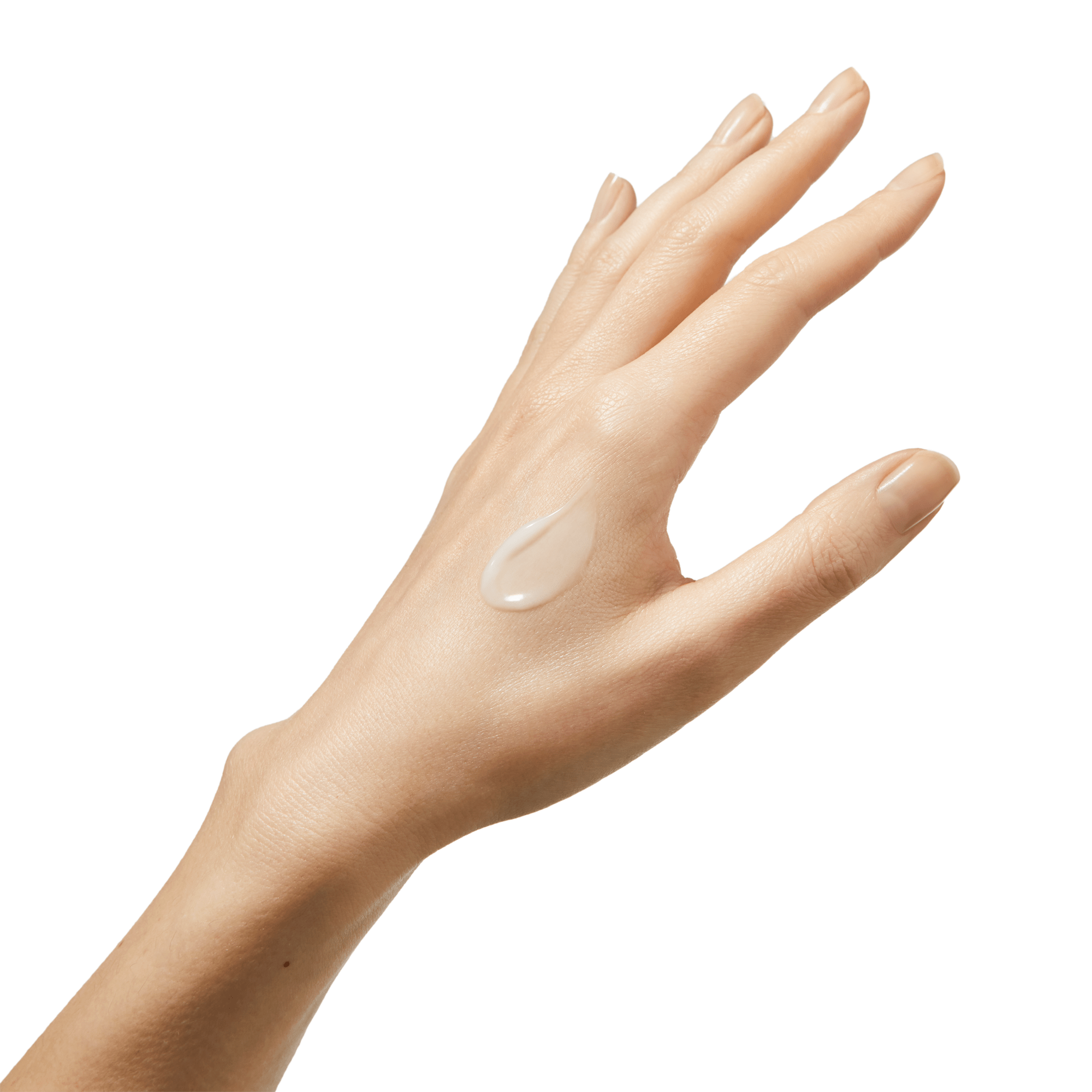 image of a hand with hand cream on it on a white background