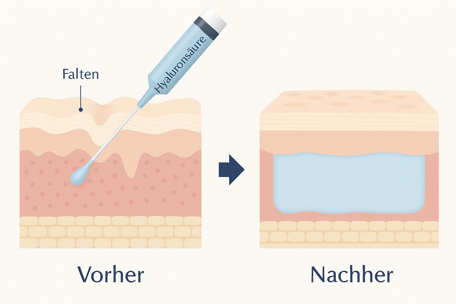 Grafische Darstellung der Wirkung von Hyaluronsäure auf die Haut. Links: Querschnitt der Haut mit sichtbarer Falte und einer Spritze, die Hyaluronsäure injiziert. Rechts: Glatter, praller Hautquerschnitt nach der Behandlung.